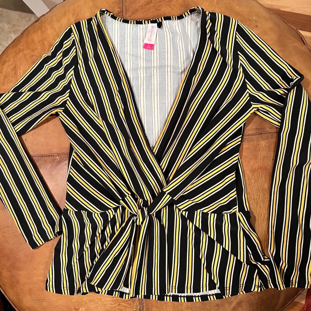 Y2K Womens M‎ 7-9 Striped Wrap Tie Front Long Sleeve Top Black Yellow